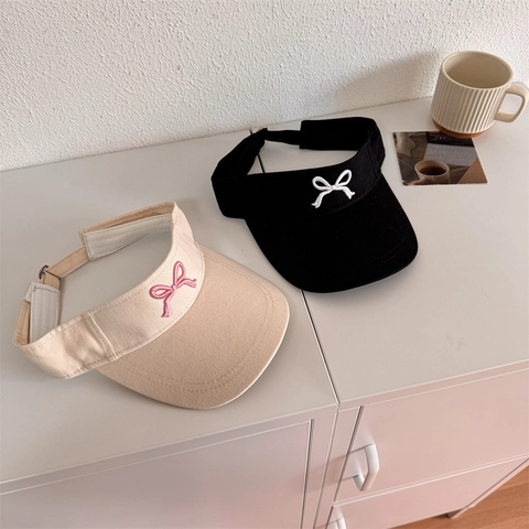 Women Empty Top Sun Visor Hat Acrylic Bow Embroidery Adjustable Sunscreen Cap Sporty Casual For Outdoor Beach Travel