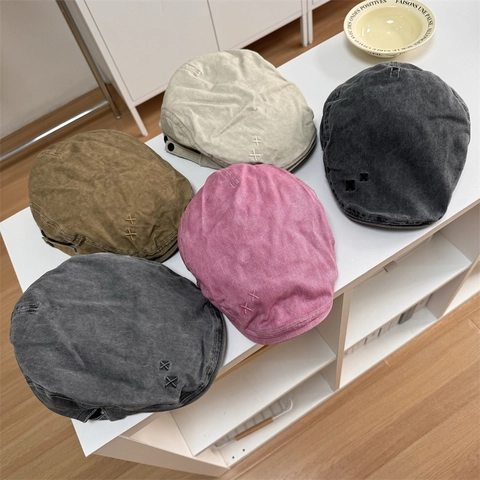 Japanese Retro Washed Acrylic Beret Newsboy Hat For Women Adjustable Cabbie Hat Flat Cap With Cross Embroidery Vintage Accessory