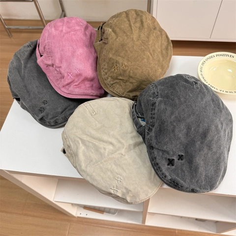 Japanese Retro Washed Acrylic Beret Newsboy Hat For Women Adjustable Cabbie Hat Flat Cap With Cross Embroidery Vintage Accessory