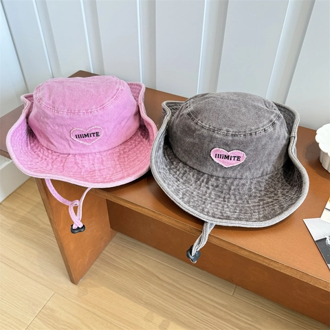 Sombrero de Pescador de Acrílico Lavado Con Bordado de Letras de Corazón para Mujer Sombrero de Sol al Aire Libre de Ala Ancha