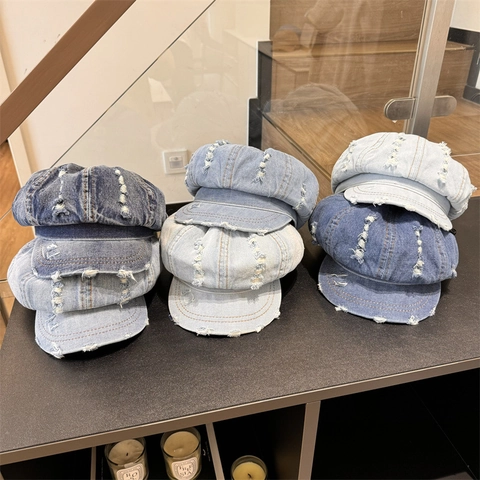 Acrylic Vintage Distressed Washed Newsboy Cap For Women Denim Style Octagonal Hat Ripped Artist Painter Hat Casual Accessories