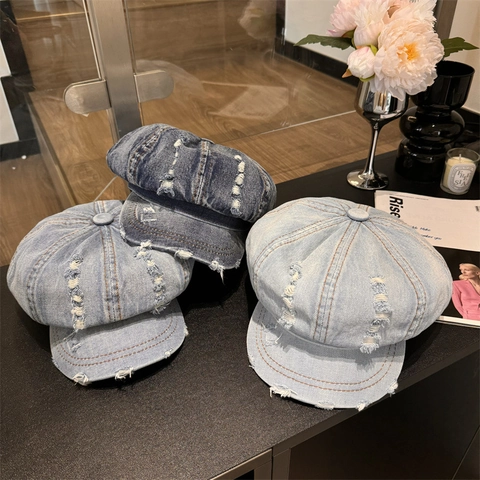 Acrylic Vintage Distressed Washed Newsboy Cap For Women Denim Style Octagonal Hat Ripped Artist Painter Hat Casual Accessories