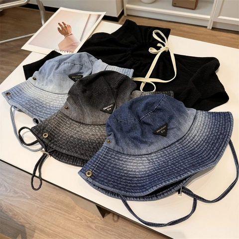 Vintage Washed Acrylic Bucket Hat For Women Outdoor Sun Protection Fisherman Hat With Windproof Rope And Triangle Patch