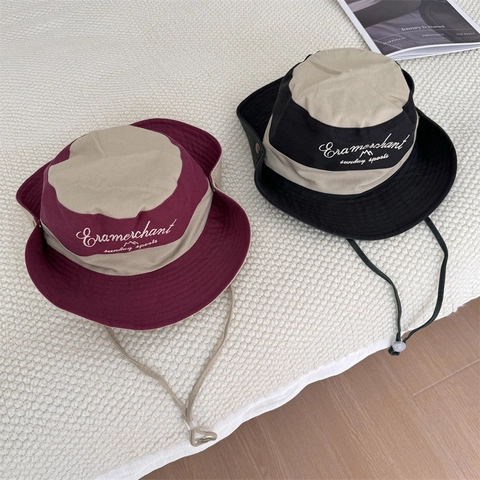 Chapeau Bob Outdoor Couleur Contrastée Acrylique Protection Solaire Chapeau de Randonnée Avec Cordon Coupe-Vent Broderie