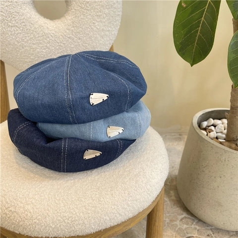 Women's Vintage Denim Style Acrylic Beret Hat British Retro Painter Octagonal Cap Brimless Casual Fashion Ladies Cap