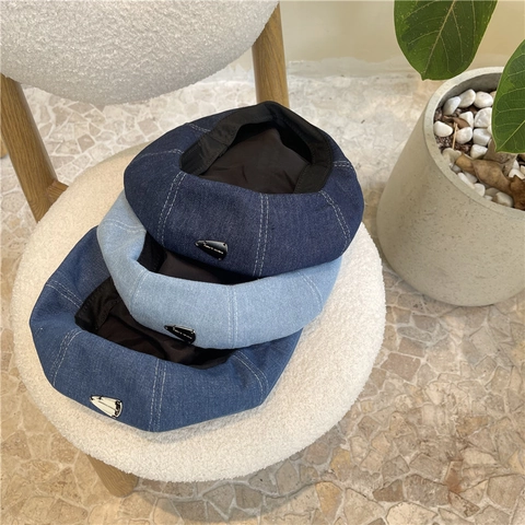 Women's Vintage Denim Style Acrylic Beret Hat British Retro Painter Octagonal Cap Brimless Casual Fashion Ladies Cap