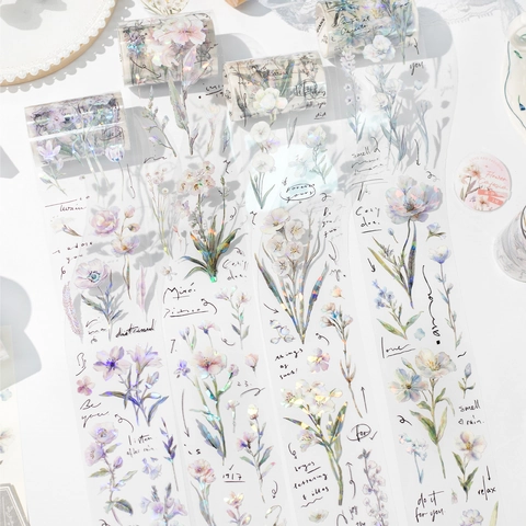 Aesthetic Floral PET Decorative Tape With Pearl Luster White Ink Printing Vintage Scrapbooking Journal Material Stickers