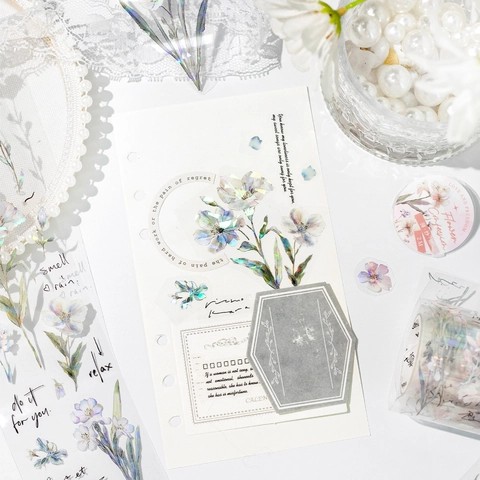 Aesthetic Floral PET Decorative Tape With Pearl Luster White Ink Printing Vintage Scrapbooking Journal Material Stickers