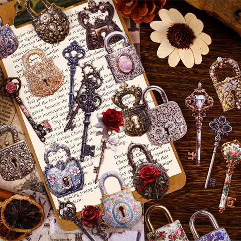 Vintage Story Lock And Key Series Sticker Pack Retro Hollow DIY Scrapbooking Material Decor Stickers Baroque Crown Rose Pattern