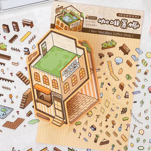 Juego de Pegatinas de Escena en Miniatura 3D DIY Impermeable de PET Cafetería Tienda de Abarrotes Pegatinas Decorativas para Material de Diario Scrapbooking