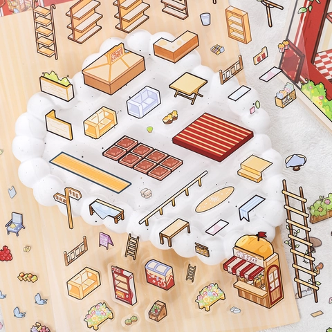 Juego de Pegatinas de Escena en Miniatura 3D DIY Impermeable de PET Cafetería Tienda de Abarrotes Pegatinas Decorativas para Material de Diario Scrapbooking