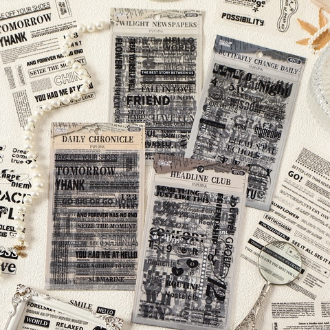 Autocollants Décoratifs Transparents en PET de Vieux Journal Imperméables Typographie Anglaise pour Junk Journal DIY Scrapbooking
