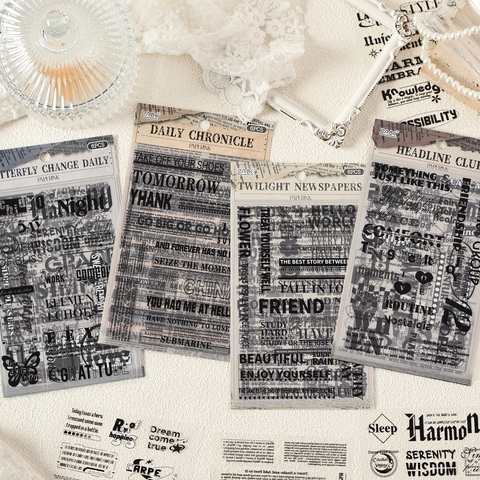 Autocollants Décoratifs Transparents en PET de Vieux Journal Imperméables Typographie Anglaise pour Junk Journal DIY Scrapbooking