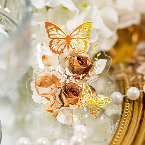 Vintage Floral PET Stickers Gold Stamping Butterfly Flower Decorative Decals For DIY Scrapbooking Journal Planning Art Crafts Decoration
