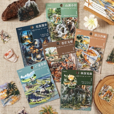 Retro Natural Landscape PET Stickers For Scrapbooking Artistic Scenery Theme Decorative Decals For Hand Ledger DIY Crafting