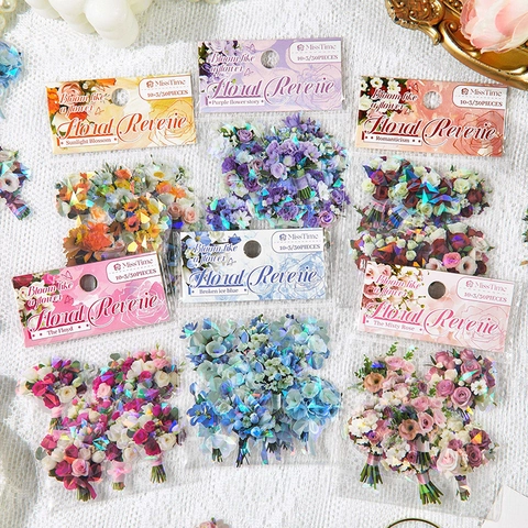 Miss Time Blumen Träumerei PET Aufkleber Pack Aesthetic Blumenstrauß Holographische Sticker Für Scrapbooking DIY Journaling Deko