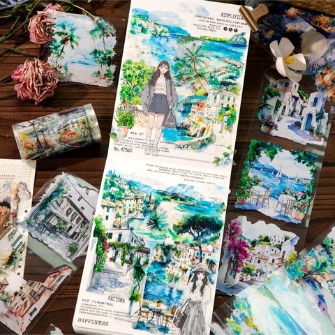 Watercolor Scenery PET Tape Landscape European Architecture DIY Decorative Loop Stickers For Journaling Scrapbooking