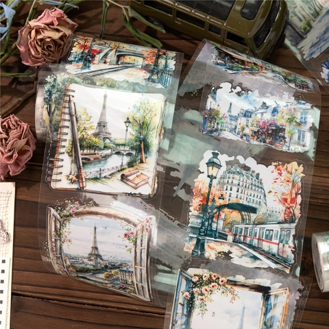 Watercolor Scenery PET Tape Landscape European Architecture DIY Decorative Loop Stickers For Journaling Scrapbooking