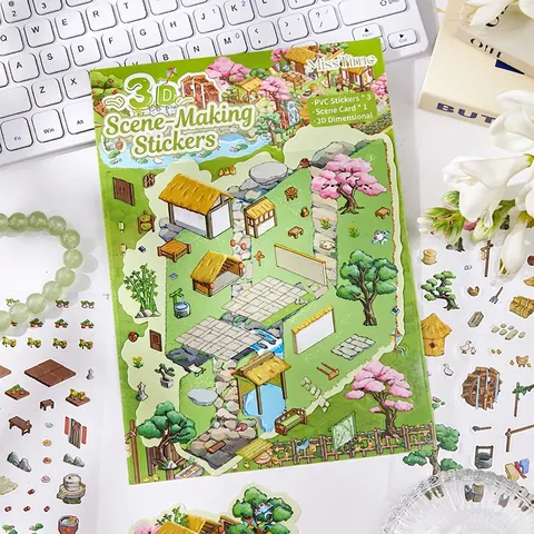 Serie Pastoral Fuente de los Melocotoneros Juego de Pegatinas DIY Paisaje 3D Pegatinas PET Con Tarjeta de Escena y Pinzas