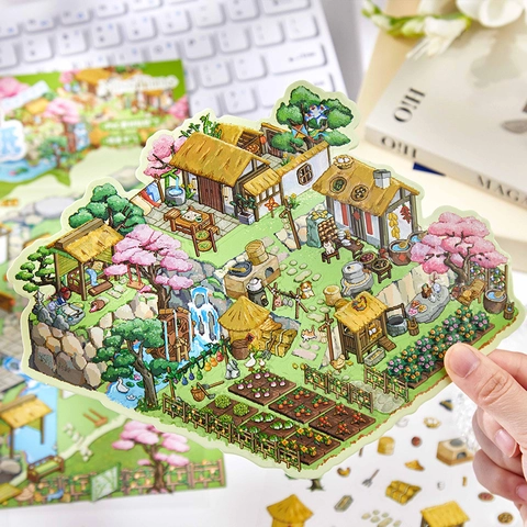 Serie Pastoral Fuente de los Melocotoneros Juego de Pegatinas DIY Paisaje 3D Pegatinas PET Con Tarjeta de Escena y Pinzas