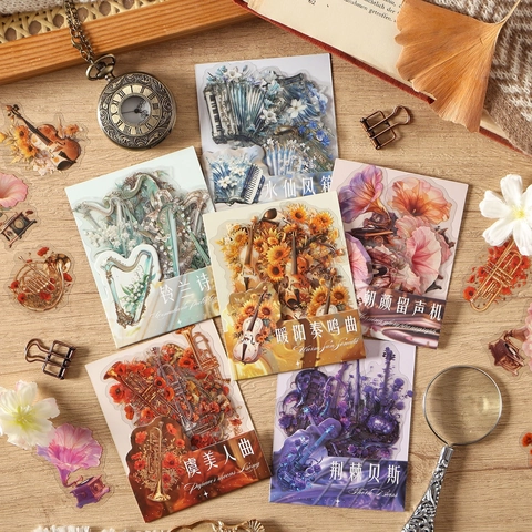 Vintage Flower Sonata PET Stickers Aesthetic Floral Musical Instrument Theme Stickers For Journaling Scrapbooking DIY Deco Label