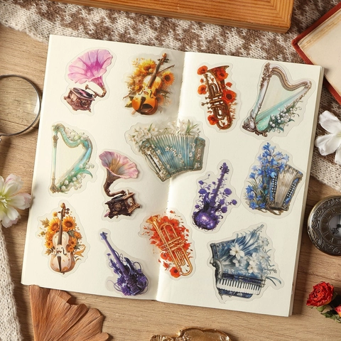 Vintage Flower Sonata PET Stickers Aesthetic Floral Musical Instrument Theme Stickers For Journaling Scrapbooking DIY Deco Label