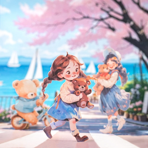 Mignons Autocollants Série Fille de Dessin Animé et Poupée d'Ours Papier Kraft Blanc DIY Manuel Décoratif Style Guérissant Autocollants de Papeterie