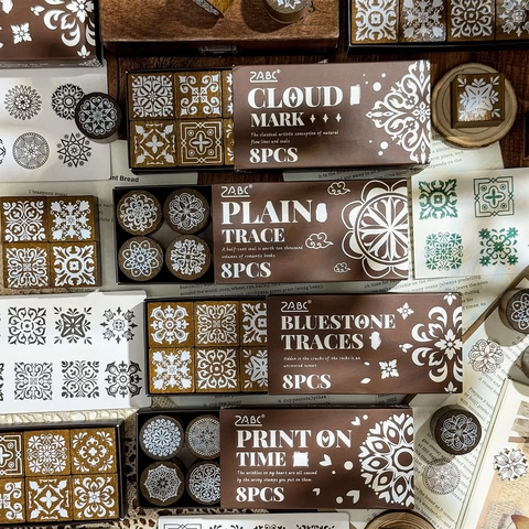 Retro Wooden Rubber Stamp Set Vintage Floral Geometric Pattern Decorative Stamps Box For DIY Journal Diary Craft