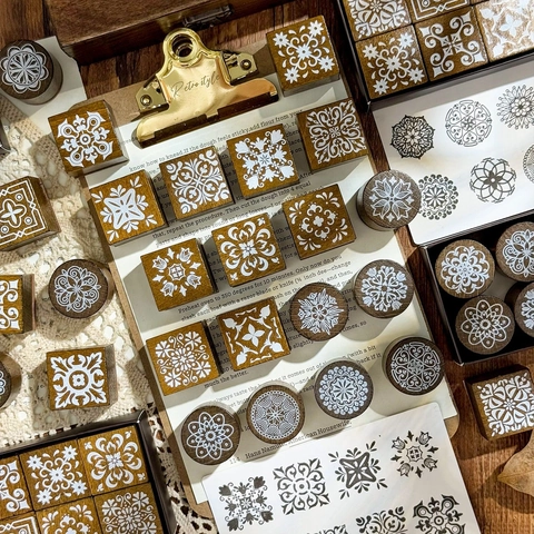 Retro Wooden Rubber Stamp Set Vintage Floral Geometric Pattern Decorative Stamps Box For DIY Journal Diary Craft