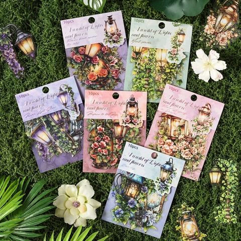 PET Vintage Lamp Floral Stickers For Scrapbooking Journaling Retro Hand Drawn Flowers And Lights Decorative Stickers Pack For DIY Craft Decor
