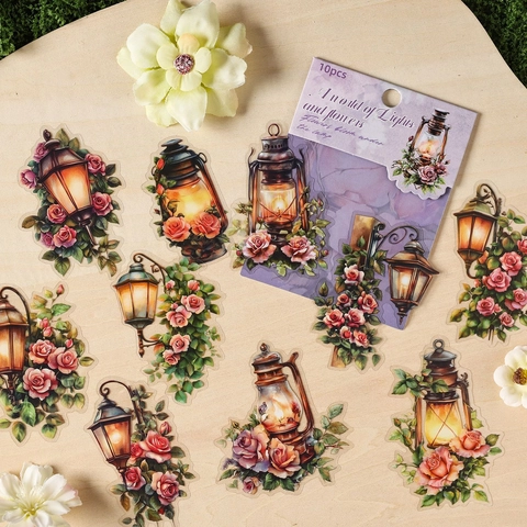 PET Vintage Lamp Floral Stickers For Scrapbooking Journaling Retro Hand Drawn Flowers And Lights Decorative Stickers Pack For DIY Craft Decor