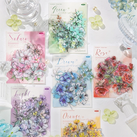Paquete de Pegatinas de PET de Flores de Acuarela Vintage Con Estampado en Caliente 3D Flores Decorativas Pegatinas de DIY