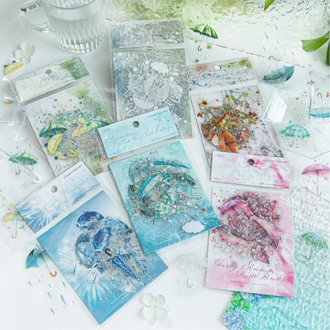 Pegatinas Decorativas Impermeables de Tema Paraguas de Temporada de Lluvias Onírica de PET con Proceso Láser Plata para Diario DIY Scrapbooking