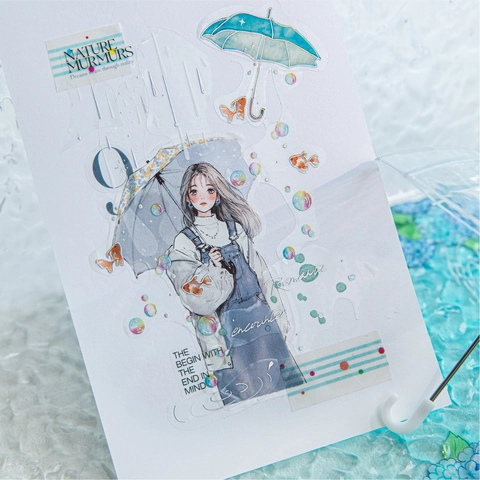 Pegatinas Decorativas Impermeables de Tema Paraguas de Temporada de Lluvias Onírica de PET con Proceso Láser Plata para Diario DIY Scrapbooking