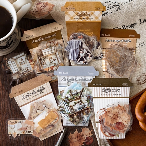 30 Stuks Vintage Koffie Thema PET Stickers Pak Waterdicht Decoratieve Scrapbooking Stickers Voor Journaling DIY Kunst