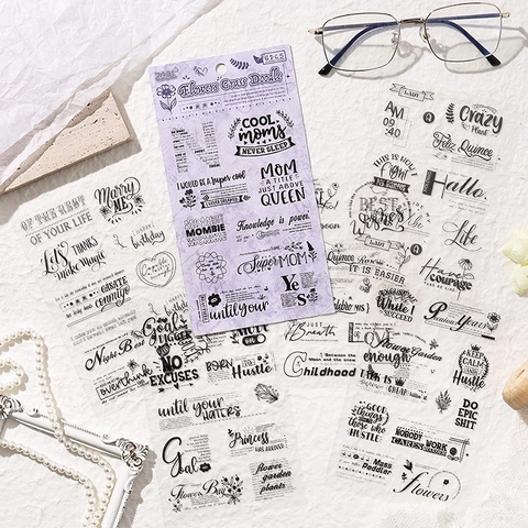 Adesivi in PET Trasparenti Vintage Parole Inglesi Retro Farfalla Floreale Decalcomania Scrapbooking DIY Accessorio Decorativo