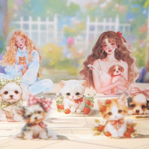 Girl And Pet PET Stickers Transparent Waterproof Scrapbook DIY Decorative Cute Cartoon Cat Dog Illustration Journaling Material