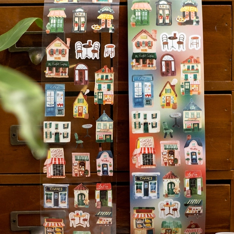 Vintage Hand Drawn European Architecture Coffee Tea Routine PET Synthetic Paper Decorative Tape DIY Scrapbooking Journaling Stickers