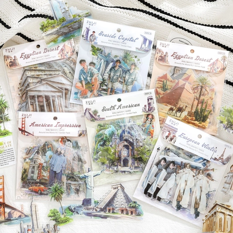 Vintage World Travel Scenery PET Stickers Famous Architecture Figures Waterproof Decals For Scrapbooking Journal Decor