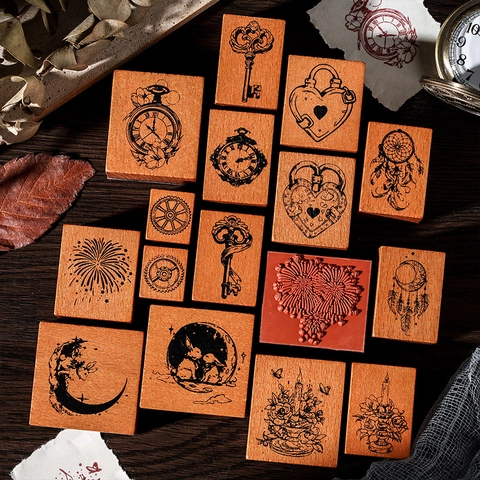 Set di 16 Timbri in Legno e Gomma Retrò in Legno di Faggio Serie Fiaba Lunare Coniglio DIY Scrapbooking Timbri