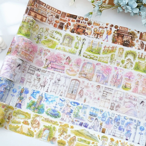 Nastro Decorativo in PET Opaco Paesaggio Acquerello Vintage Scrapbooking Forniture Architettura Botanica DIY Diario Arte Nastro