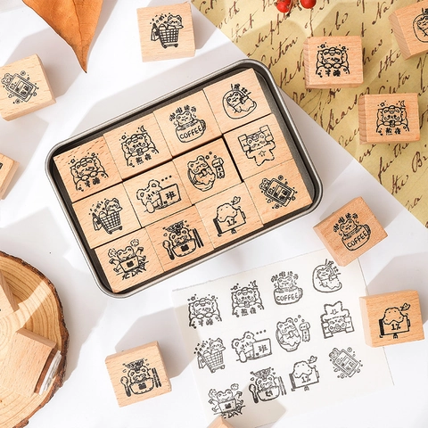Simpatici Timbri in Legno di Faggio a Forma di Orso Cartone Animato per Scrapbooking DIY Decorazione Diario Cancelleria