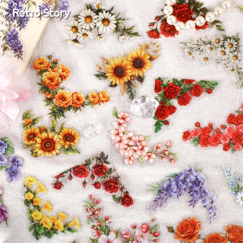 Retro Floral Corner Series PET Stickers 3D Foamed White Mist Washi Stickers For Journal Scrapbooking DIY Decorative Decals