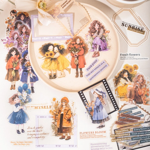 Pack d'Autocollants en PET Vintage Fille Florale Série 定格美好 Cadre de Film Texte Anglais pour DIY Journal Scrapbooking Autocollant Décoratif
