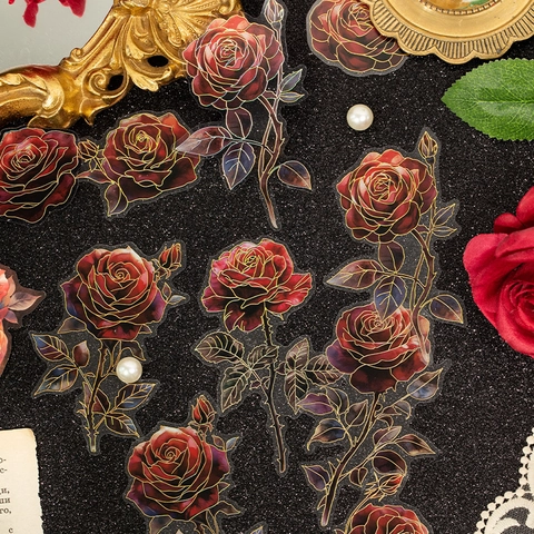 Adesivi in PET Floreali Vintage Con Stampa in Oro Estetica Rosa Decalcomanie Decorative Per Scrapbooking DIY Journal Cancelleria