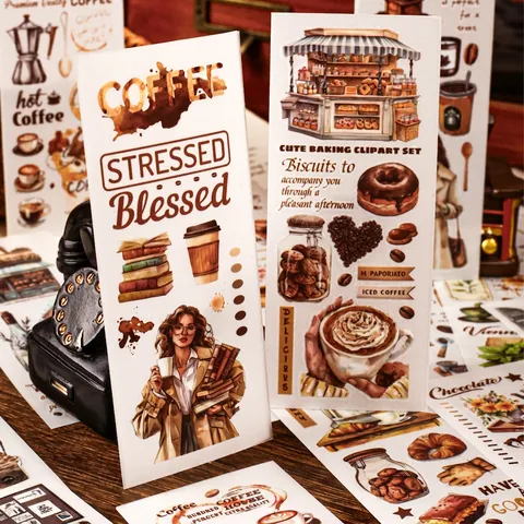 Retro Kaffee Thema PVC Transfer Aufkleber Für DIY Scrapbooking Journaling Dekoration Vintage Backen Illustrationen Aufkleber
