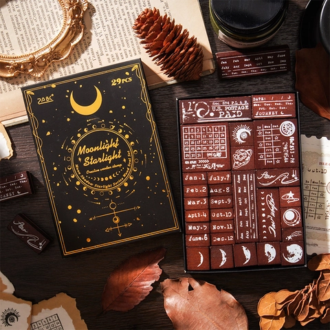 Set di Timbri in Legno Vintage Galassia Chiaro di Luna Calendario Mese Fase Lunare per Decorazione Scrapbooking Fai da Te