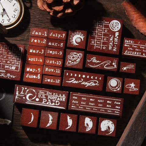 Set di Timbri in Legno Vintage Galassia Chiaro di Luna Calendario Mese Fase Lunare per Decorazione Scrapbooking Fai da Te