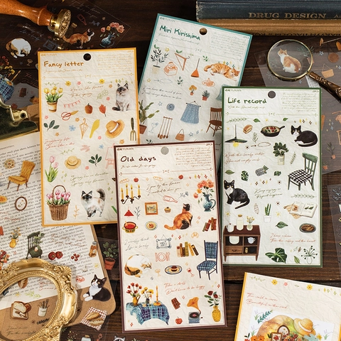 Vintage Retro PET Journal Stickers Kat Bloem Meubels Botanische Decoratieve Stickers Voor Scrapbooking DIY Hand Account