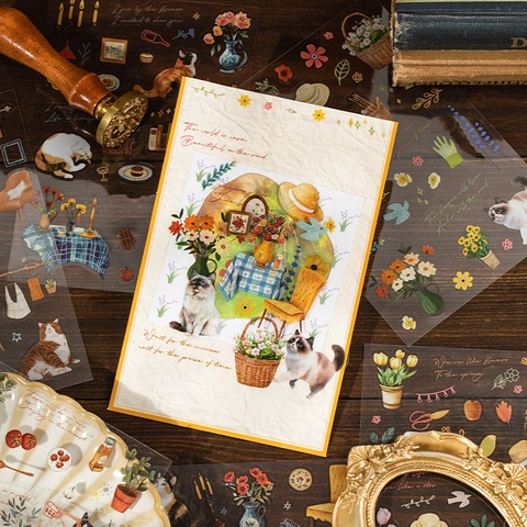 Vintage Retro PET Journal Stickers Kat Bloem Meubels Botanische Decoratieve Stickers Voor Scrapbooking DIY Hand Account